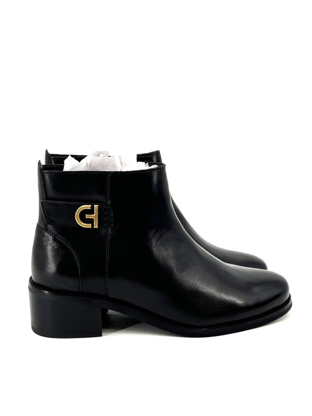 Cole Haan Holis Buckle Bootie Black Size 6B Leather Ankle Boots Gold Logo Zip